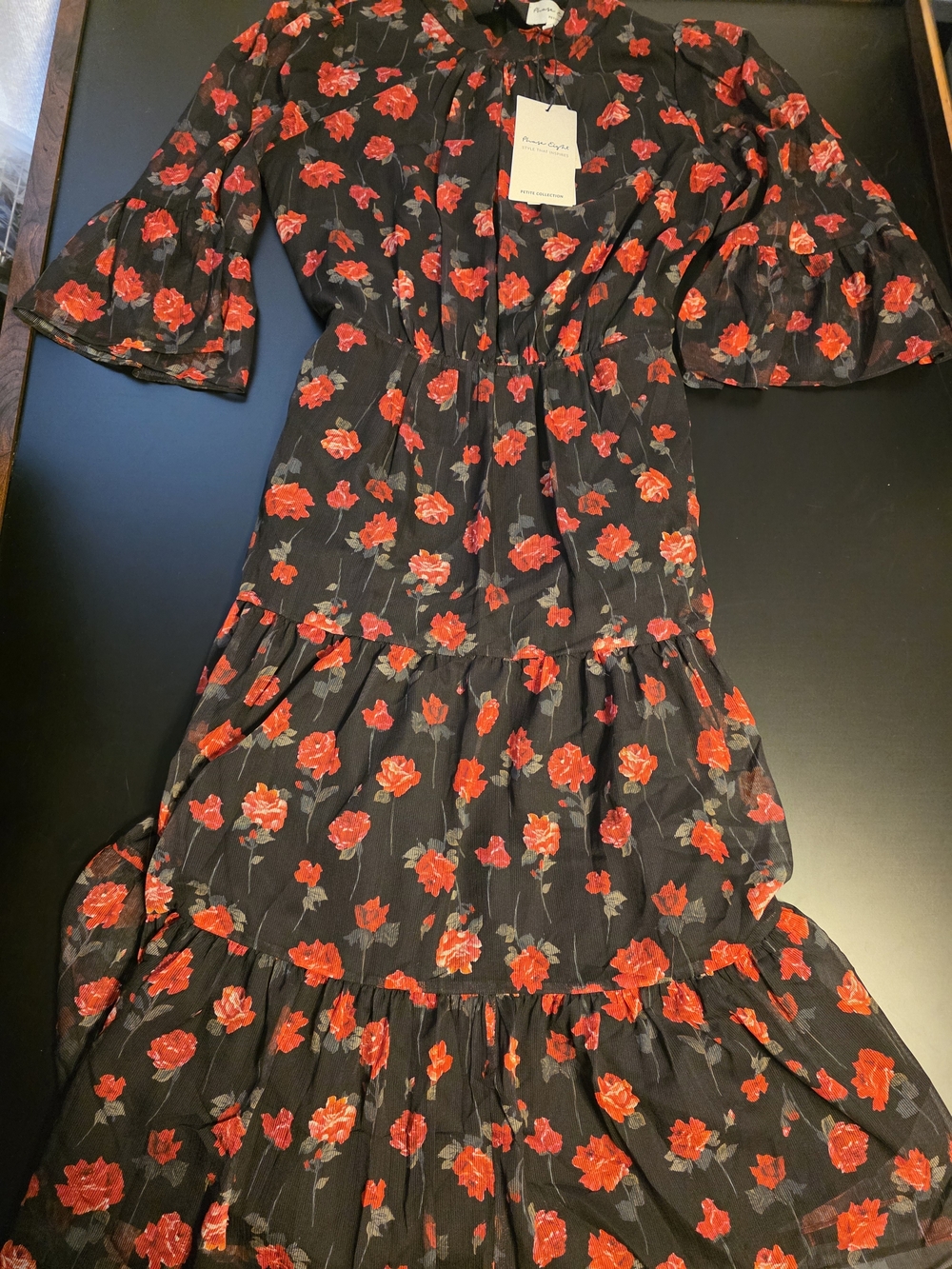 Phase Eight Black Floral Midi Dress with Red Roses